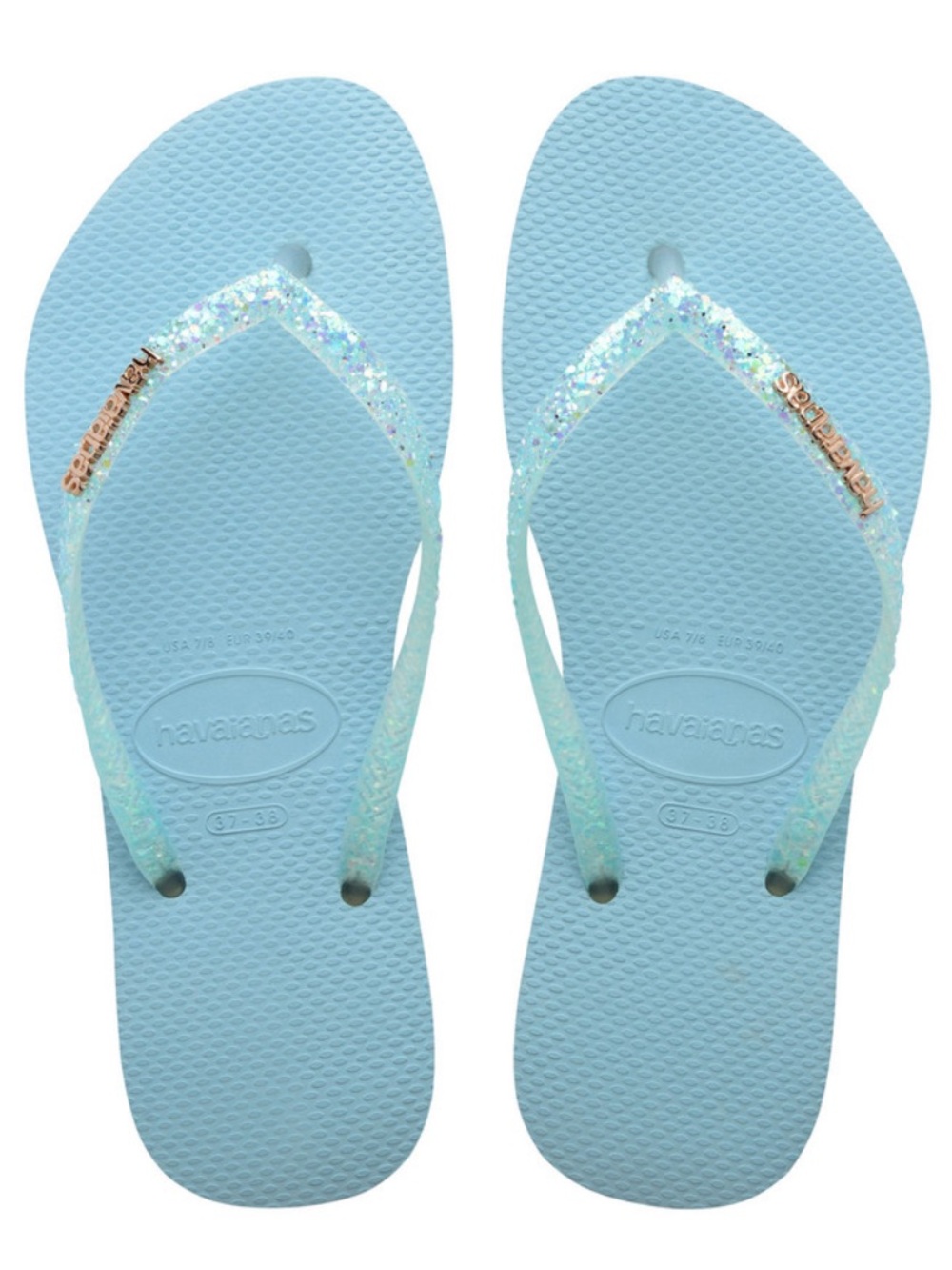 Havaianas Pale Blue Flip Flops with Slim Glitter Flourish Flip Flops US 9/10
